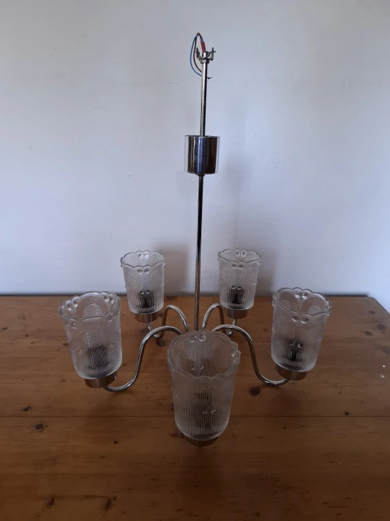 Lustr, 5ti ramenný, chrom, sklo, výška 63cm, průměr 50cm