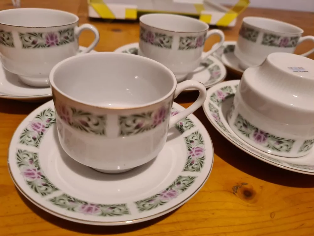 Porcelánová sada na kávu, čaj, 6+6, zelený dekor, China