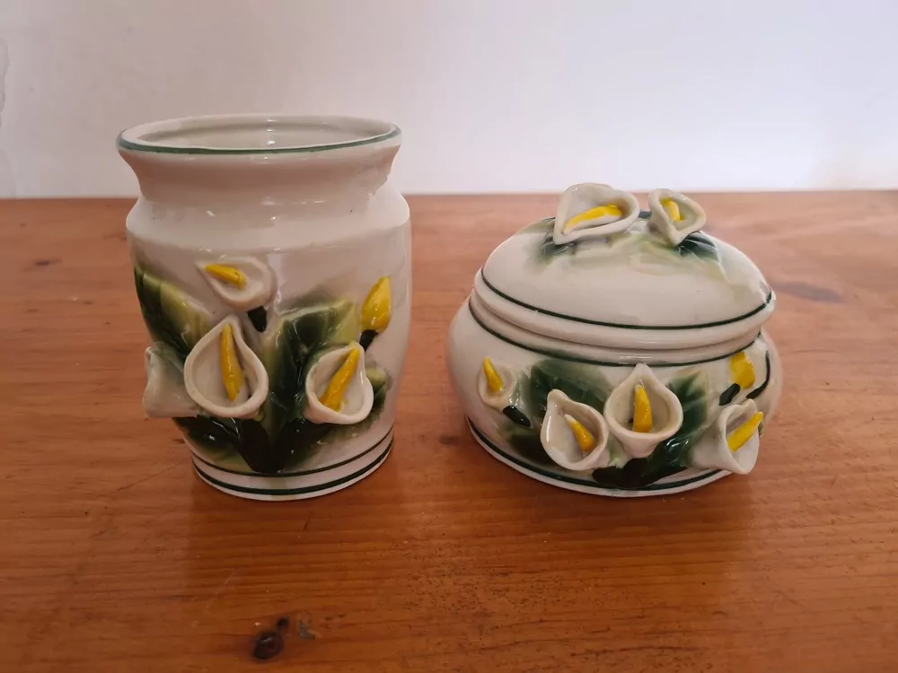 Keramika, značeno, váza výška 10cm, dóza výška 8cm, dekor kytky 