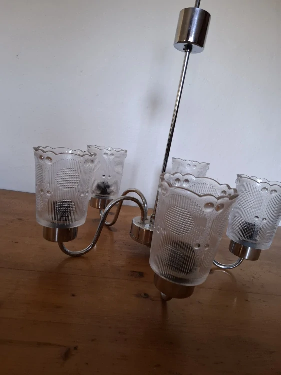 Lustr, 5ti ramenný, chrom, sklo, výška 63cm, průměr 50cm