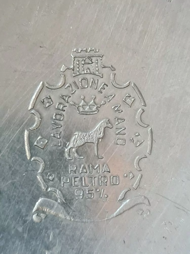 Starožitná kovová cukřenka, dóza, značeno LAVORAZIONE A MANO RAMA PELTRO 95%