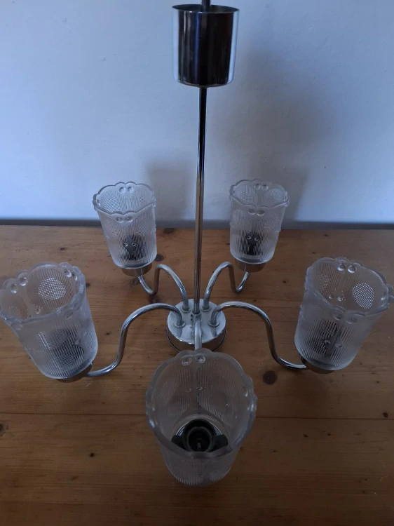 Lustr, 5ti ramenný, chrom, sklo, výška 63cm, průměr 50cm