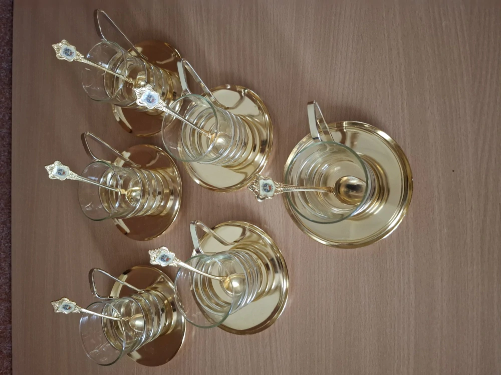 Retro sklenice Simax v kovovém stojánku s podšálkem a lžičkou, cena za vše 