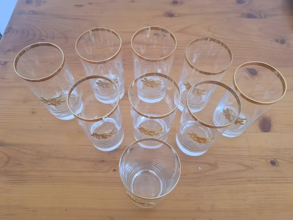 Myslivost, 9x sklenice s liškou, long dring, výška 13,5cm, cena za vše