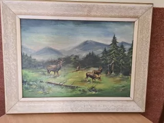 Obraz, příroda, jeleni, signováno 