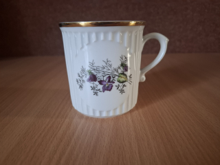 Hrnek, hrníček, retro, fialky, Dubí Czechoslovakia 