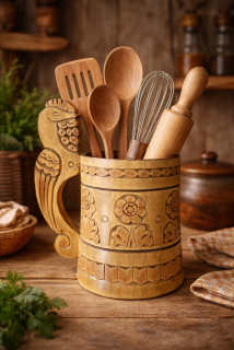 Dřevěný vyřezávaný korbel, ideální na kuchyňské náčiní 