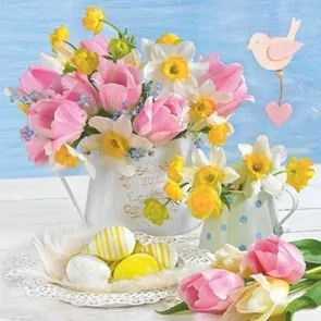 Ubrousky, decoupage, jaro, Velikonoce, kytice v konvičce